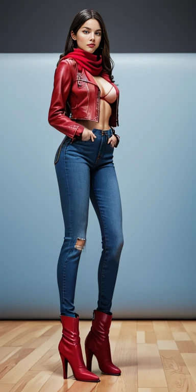 Accurate 、FULL Body Photo 、Standing in her full height from head to toe 、Studio background  、Abs are cracked  、Sexy wavy body  、large thighs 、 Big breast  、Big butt  、Proportional body  、Ideal body、Very tight skinny jeans 、 Olivia Rodrigo、Wearing a tight r...