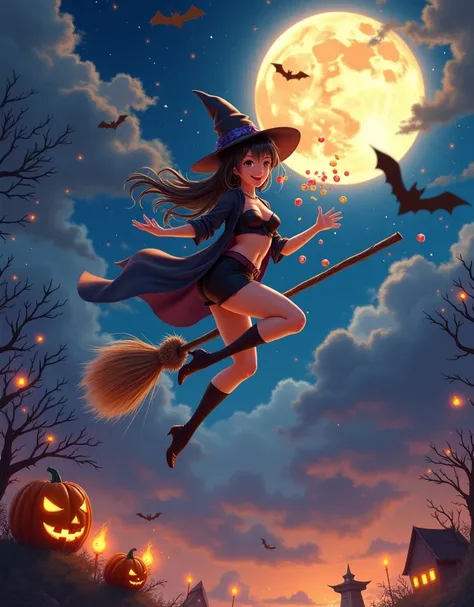 anime style, panoramic top-down shot, in the night sky, full moon, sexy witch flying in the sky with a broomstick, witch in a ca...