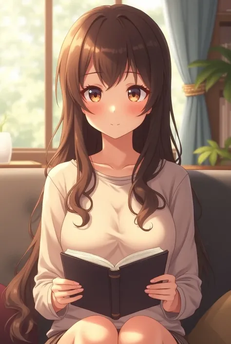 A cute anime high school girl cocoa brown hair with kind personality and empathy Long Hair, and ish behaviour and foodie but perfect body a bit circular yet cute face like Kana Arima reading a book