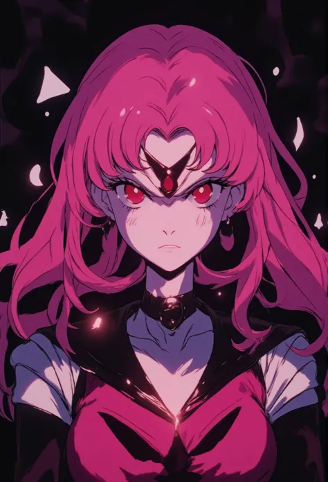 Wicked Lady from Sailor Moon, pink hair, red eyes, black background, black half moon mark on forehead, 
