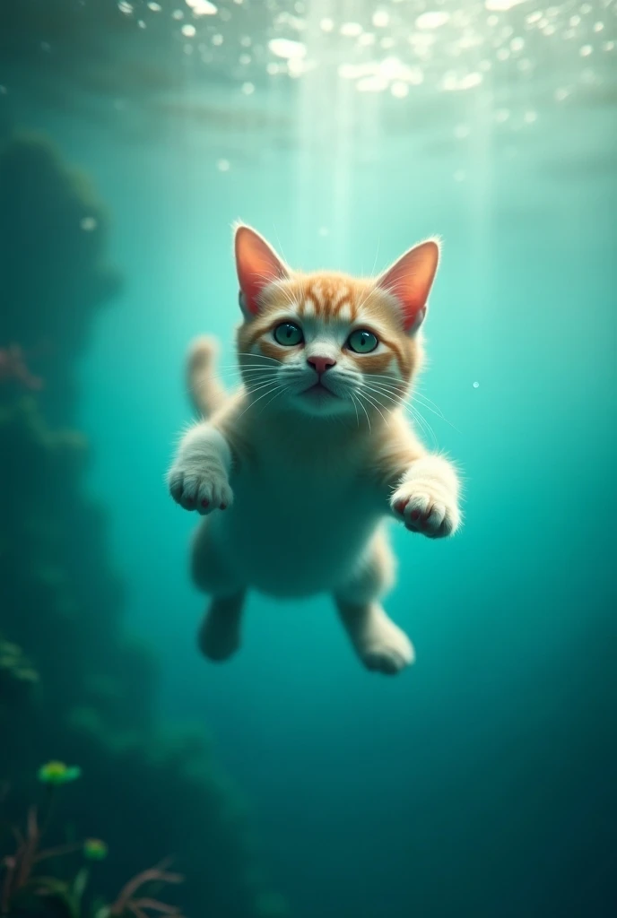 Generate me a video of a cat underwater. the video must be 100% realistic in 4K quality. lenvironnement doit être limineux 