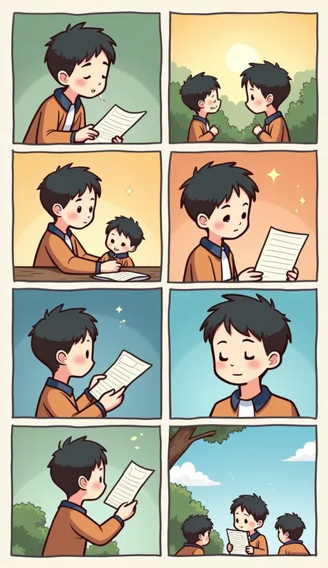 ８ panel comic strip 。１.The main characters high school boy 、 Lose My Father a few years ago 。２.Fathers Day 、 My Heart Pain Revives 「 Letter to Father 」 Write the Letter 。３. I Cant Write the Letter 、worry。４. Remembering my past memories 、 My Heart Pain Revi...