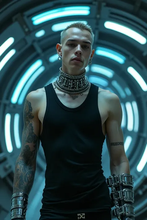 Photorealistic, In this picture, a handsome 17-year-old male model with a handsome face, skinhead, and smudged black eye makeup floats in a spaceship. The atmosphere looks mysteriously Gothic. The curved walls glow. He wears a black ripped sleeveless T-shi...