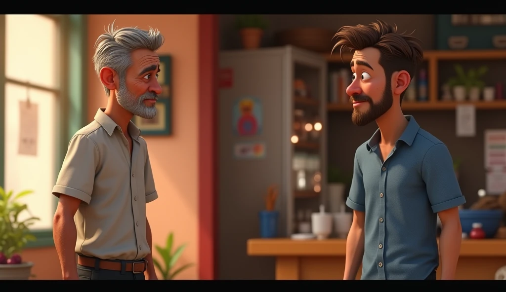 High-definition image, Disney Pixar 3D style, with vibrant and emotional details. The scene shows Arthur ,  a 45-year-old man with short gray hair and a frayed expression ,  wearing a simple white shirt and black pants .  He is entering a small business wi...