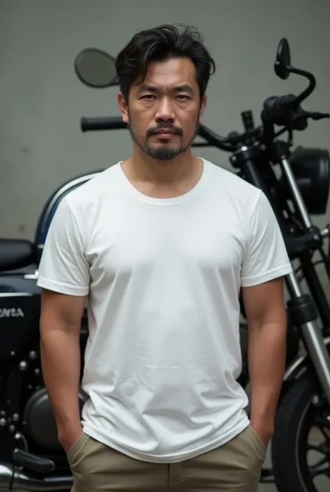  A stocky, stocky malay man, rather modest muscular 39 years old .  Wearing a white t-shirt with a black high-powered motorcycle.  Mature face , masculine style .  Slightly tousled and thinly massaged.  Skin-skinned Asian tone .