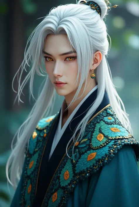 Full body image, handsome protagonist xianxia,long silver hair golden amber eyes((make eyes like reality)),calm and cool aura, clothes appearance like how appearance of beautiful peacock, combination blue green,black  and another colour combination of peac...