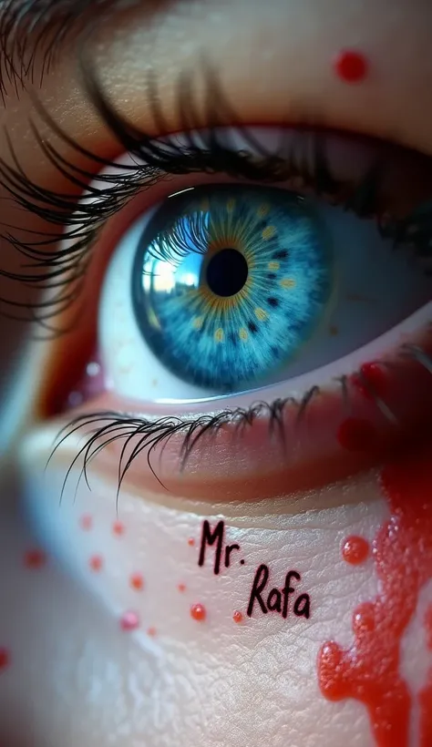 A 12k resolution photo of a blue eye, large eyelashes on the side, a small note covered in blood.. the text "Mr. Rafa " 