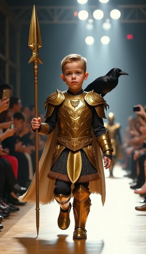 A photorealistic baby version of Odin, dressed in golden armor, holding a miniature spear, Gungnir, walking down a modern runway with bright spotlights and a sleek, glossy floor. The audience is filled with fashion-conscious spectators, their phones out, s...