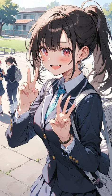 Beauty、 ponytail、smile、Embarrassed、blush、Blazer uniform、 loose socks、stand、 student bag、 bracelet、Earrings、 peace sign、School、Schoolyard