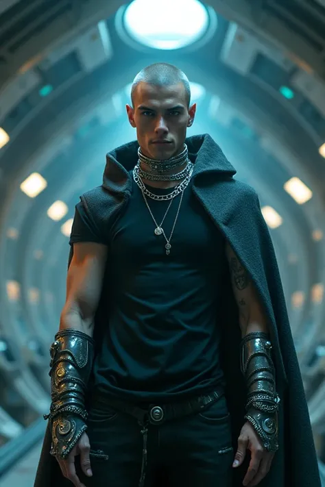 Photorealistic, In this picture, a handsome 17-year-old male model with a handsome face, skinhead, and smudged black eye makeup floats in a spaceship. The atmosphere looks mysteriously Gothic. The curved walls glow. He wears a black ripped sleeveless T-shi...