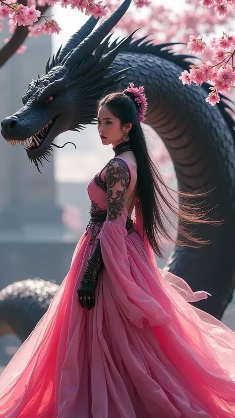 A captivating fantasy scene featuring a fierce Asian warrior princess dressed in a striking pink gothic fantasy. Her intricate armor, combined with elegant lace and dark accessories, exudes both beauty and danger. The warrior’s robes sway behind her, swayi...