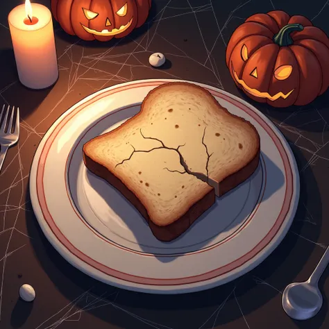  An anime-style illustration from above of a piece of dead bread served on a plate, The surrounding environment is a loaded Halloween decoration ,  perfect lighting    