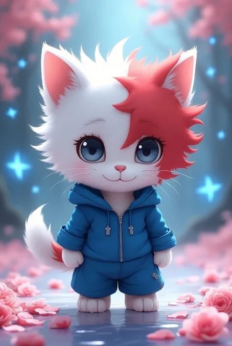 A cute big-headed white kitten dressed as Todoroki is standing, Super detailed,  High Resolution , Absurd,  High Resolution , masterpiece, Todoroki Shouto, Two-tone hair, Right side is white ,  left side is red , Heterochromia,  right eye is grey , Left ey...