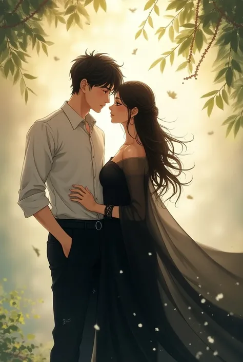 Girl wearing black saree and boy getting romantic couple Anime 