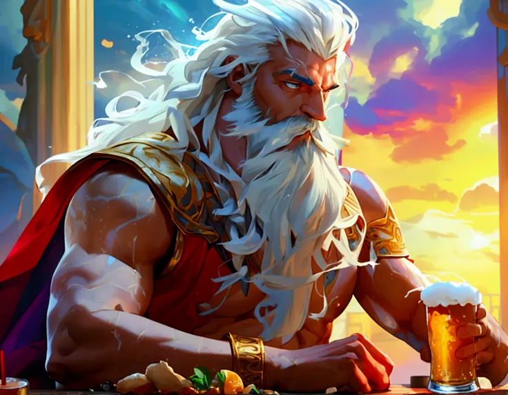 create a panoramic, vibrant image of Zeus the god of thunder with his long white hair sitting at a large table, drinking beer with his semi-god friends, "poseidon", "Aphrodite", "Hades" etc... on the table alone there are drinks, image with cinematic light...