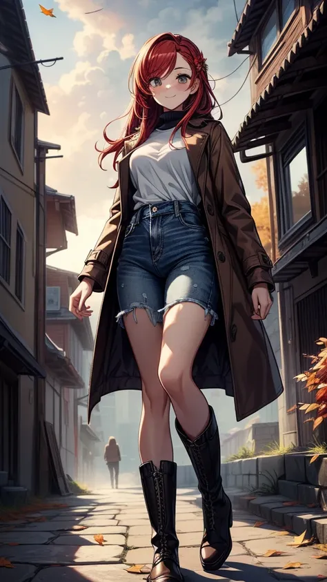 ((((masterpiece, best quality:1.8, high detail)))), (1girl), beautiful woman, confident, smile, solo focus, long hair, (red hair), (hairpin), ((brown coat)), (long denim skirt), long skirt:1.3, boots, slim body, sidewalk, fall, stone path, (autumn leaves),...