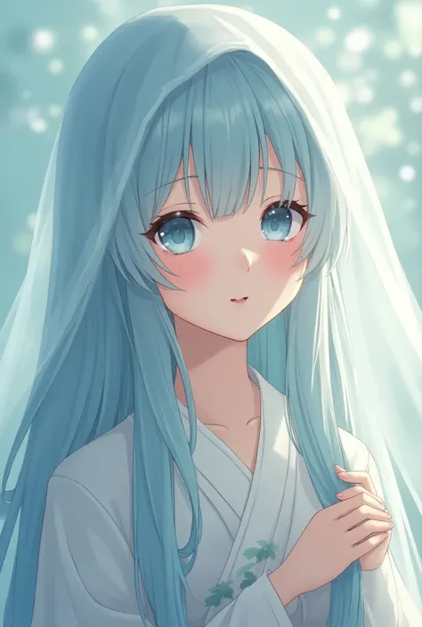 Woman, anime, mera-colored eyes ,rambut panjang, light blue hair color, clothed in santri , wearing a veil, smiling sweet . 