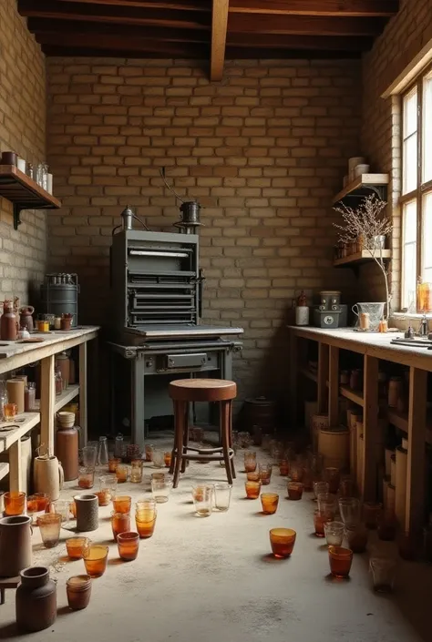 Storage with natural colored bricks , with a printing machine for ,  cups on the floor normal glasses and burnt glasses..