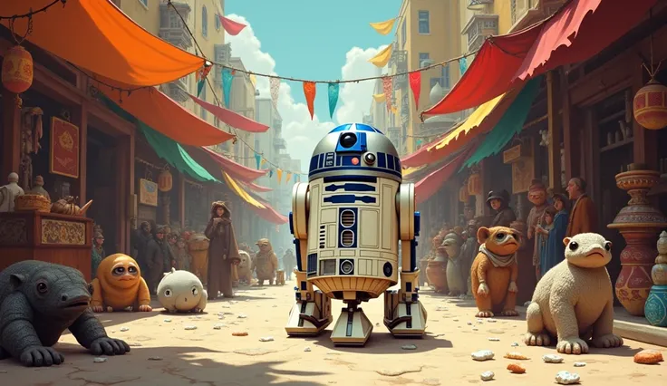 **R2-D2**: Rolling through a busy marketplace with various exotic wares and creatures. He is in his blue and white domed body with multiple compartments and tools built into his exterior, ready for any task. The droid moves deftly among the crowd, with col...