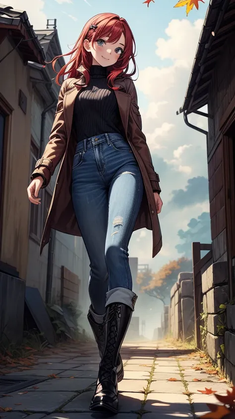 ((((masterpiece, best quality:1.8, high detail)))), (1girl), beautiful woman, confident, smile, solo focus, long hair, (red hair), (hairpin), ((brown coat)), (long denim pencil skirt), long skirt, boots, slim body, sidewalk, fall, stone path, (autumn leave...