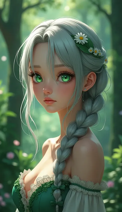 A girl with green eyes and braids, silver-haired, anime fantasy style, getting her back pounded, detailed face, beautiful detailed eyes, beautiful detailed lips, extremely detailed eyes and face, long eyelashes, beautiful girl, elegant dress, delicate feat...