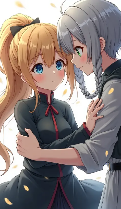 A blond girl with blue eyes in a ponytail is getting her back pounded by a silver-haired girl with green eyes and braids, anime, fantasy