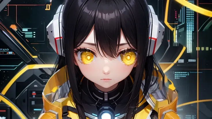 from future intelligence, technology background, complex mission, sudden mystery, unexpected result, unknown variables, strange data, confident look, space black pioneer dress, yellow eyes, black hair