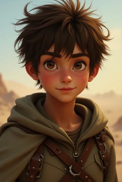  Caelan is a young man with messy brown hair and big eyes that reflect his courage. He has an agile build ,  with skin tanned by travel and wears a simple cape .  Despite his simple appearance ,  his face maintains an innocence typical of his youth .

