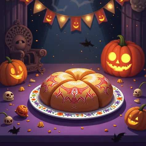 An anime-style illustration of a traditional Mexican pan de Muerto served on a plate,  the surrounding environment is a room decorated with Halloween decorations,  perfect lighting    