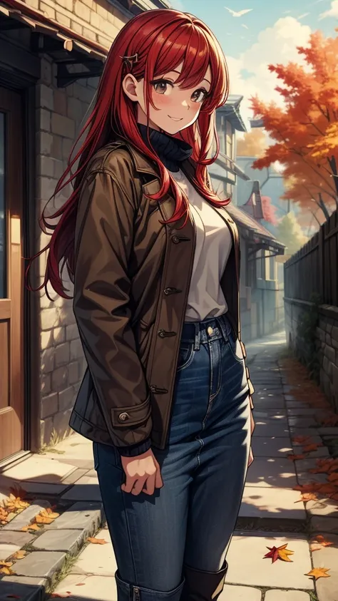 ((((masterpiece, best quality:1.8, high detail)))), (1girl), beautiful woman, confident, smile, solo focus, long hair, (red hair), (hairpin), ((brown coat)), (long denim pencil skirt), ((long skirt)), boots, slim body, sidewalk, fall, stone path, (autumn l...