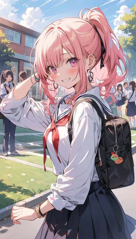 Beauty、 ponytail、smile、Embarrassed、blush、uniform、shirt、 loose socks、stand、 student bag、 bracelet、Earrings、 peace sign、School、Schoolyard