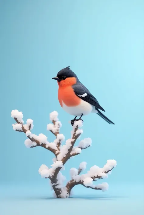 (( Best quality )), ((masterpiece)), (detailed), 3d on a light blue background, a snow-covered branch sits on it a small bullfinch, 8 k