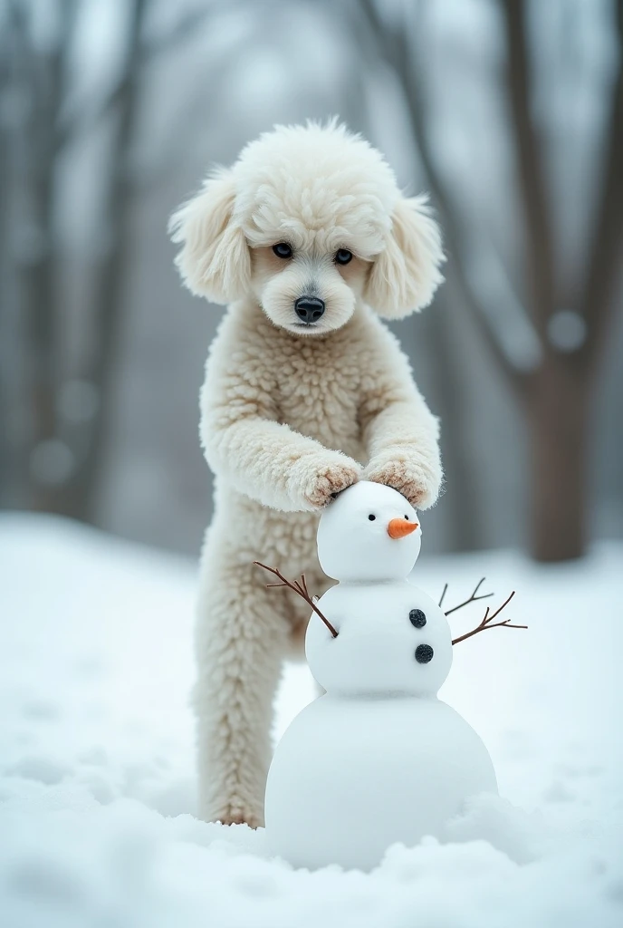 A white unkempt toy poodle walking on two legs is making a snowman