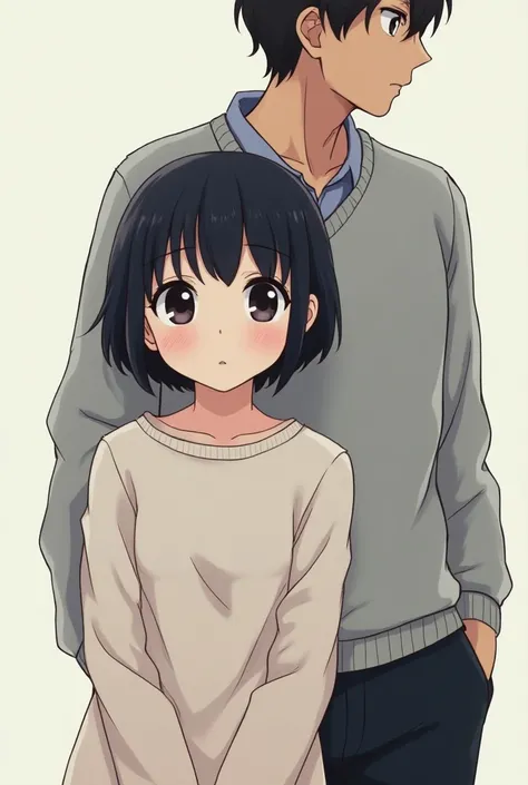 (Half-body shot) (Anime girl black hair Short hair) (There is a man standing next to you.) 