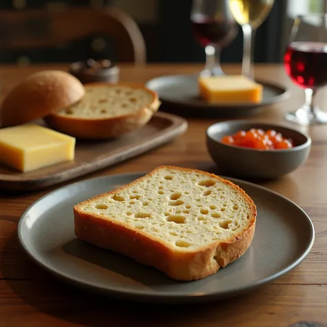  An unreal engine 3D photograph of a piece of French bread served on a pewter plate,  the plate is on an oak table ,  on the table there are other dishes with different foods such as cheese , wine glasses, caviar and nuts , The surrounding environment is g...