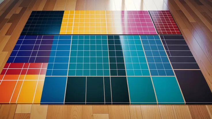 Brilliant grids :   Regular measurement grids 、 divide the canvas into colorful squares,  create harmonious energetic compositions  .