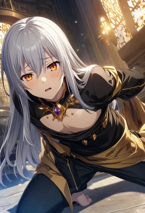 1boy, silver hair, long hair, orange-golden eyes, extravagant clothes, as if he were wearing a top and a kind of short toga that fell over his chest, all in black, tight black pants. CG