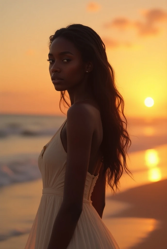 Une superbe fille africaine , alone , Sad well-dressed at the beach admiring a hot sunset Long Hair, blue eyes, 3D rendering, 