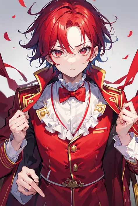 1boy, standing portrait, Central Focus, Centered, Fully in-frame, Solo, Standing still, zoomed out

Gender: male

Appearance: circus ringmaster with a big and puffy colorful clown hair, red nose, red circus ringmaster suit with a coat and bowtie