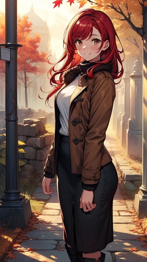 ((((masterpiece, best quality:1.8, high detail)))), (1girl), beautiful woman, confident, smile, solo focus, long hair, (red hair), (hairpin), ((brown coat)), (long pencil skirt), ((long skirt)), boots, slim body, fall, stone path, (autumn leaves), ((atmosp...