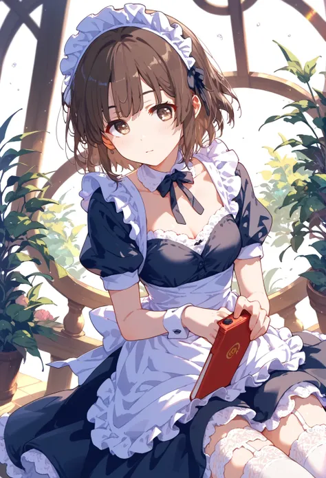 katou megumi, 1girl, solo, bangs, short hair, brown hair, brown eyes, black hair, maid dress,white lacy thighhigh