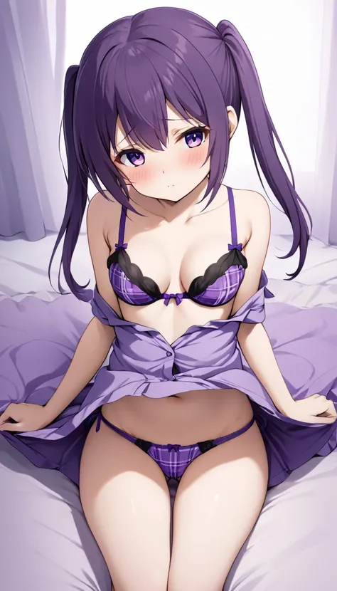 NSFW Partial Unbanned Uncensored Pussy Hairless Pussy Is Your Order a Rabbit ？What is appearing in Tenshi 々Zariyo, one girl, purple twin tails, purple eyes, purple plaid panties, purple plaid bra, underwear, shy face