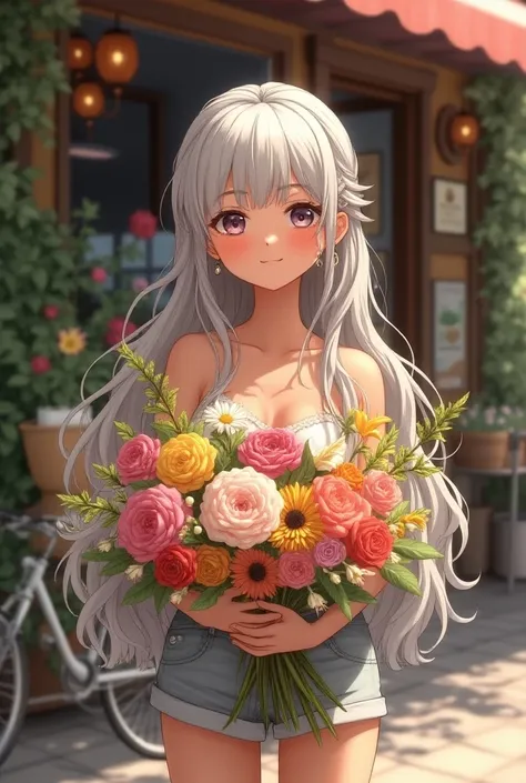 A 19 years old girl with Long Hair, Blush, Hair Ornament, Earrings, Headphones, Silver Hair, Wavy Hair,Heterochromia, carrying a big bouquet of flowers with different colored flowers, the flowers are so much it is occupiying both her arms, she is smiling l...