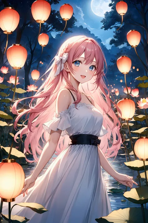 A 20-year-old girl ，White long hair，Light blue pupils， with a pink hair card with a delicate bow ， wearing a delicate white shoulder top dress， standing by a lake in a bustling city ， with lots of lotus lanterns ，By the lake during the day ，Extend a hand，O...