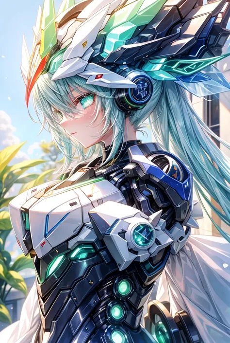 A futuristic VTuber character that combines cyberpunk and ecology「PIOH」。Emerald green light flows through her long, transparent white hair.、Digital patterns appear on the tips of your hair。Her eyes change color like an LCD display.、There is a digital tatto...