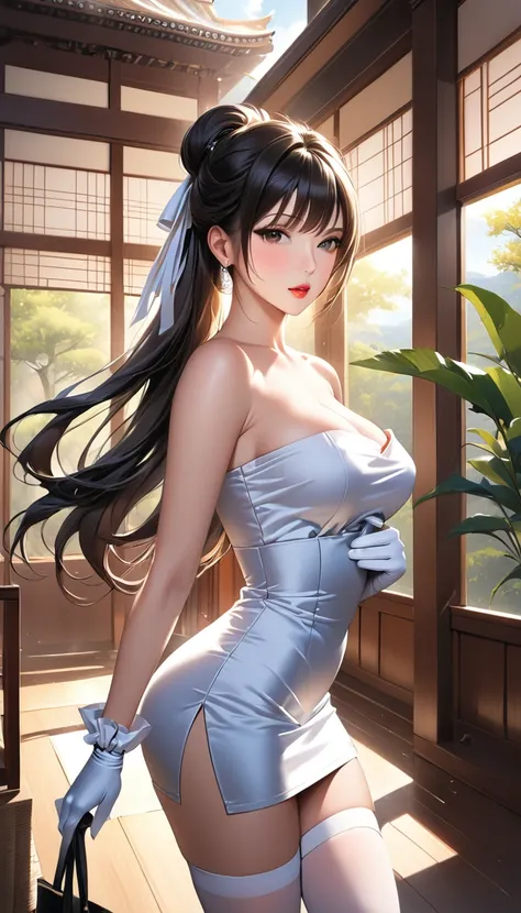 (masterpiece,Best Quality, super high definition),Inside the Western-style building,One Japanese woman,In heat,A seductive and alluring expression,Her beautiful black hair is tied back,bangs,Baby Face,Pursing his lips, (((Very beautiful 20 year old))),Big ...