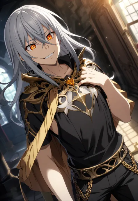 1boy, silver hair, long hair, orange-golden eyes, extravagant clothes, as if he were wearing a top and a kind of short toga that fell over his chest, all in black, tight black pants, malicious smile, CG