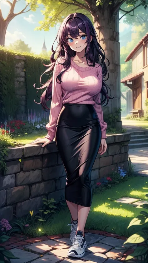 ((masterpiece, best quality:1.3, high detail)), beautiful woman, looking at viewer, long wavy hair, (dark purple hair), blue eyes, (large breasts), (pink sweater), (black midi pencil ((skirt))), (long skirt), collarbone, sun, garden, tree, stone wall, (low...