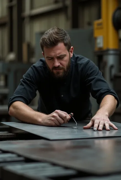 A male employee with a black shirt works on a sheet bending machine with a large sheet metal and smashed his thumb
