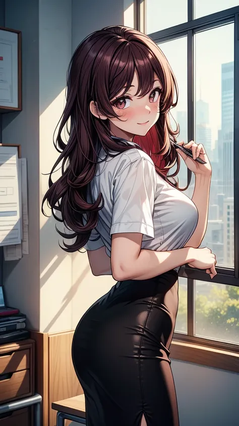 ((((masterpiece, best quality:1.8, high detail)))), beautiful business woman, bright eyes, light smile, blush, looking at viewer, solo focus, long ((wavy hair)), ((dark burgundy hair)), ((white collar shirt short sleeves)), (black midi pencil (skirt)), ((l...